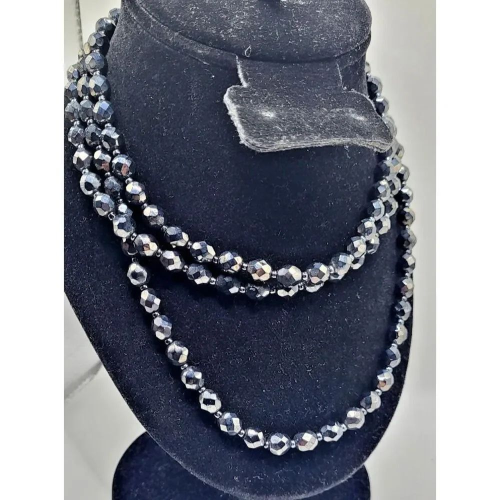 Vintage Hematite and Jet Long Strand Faceted Beaded Necklace 50in